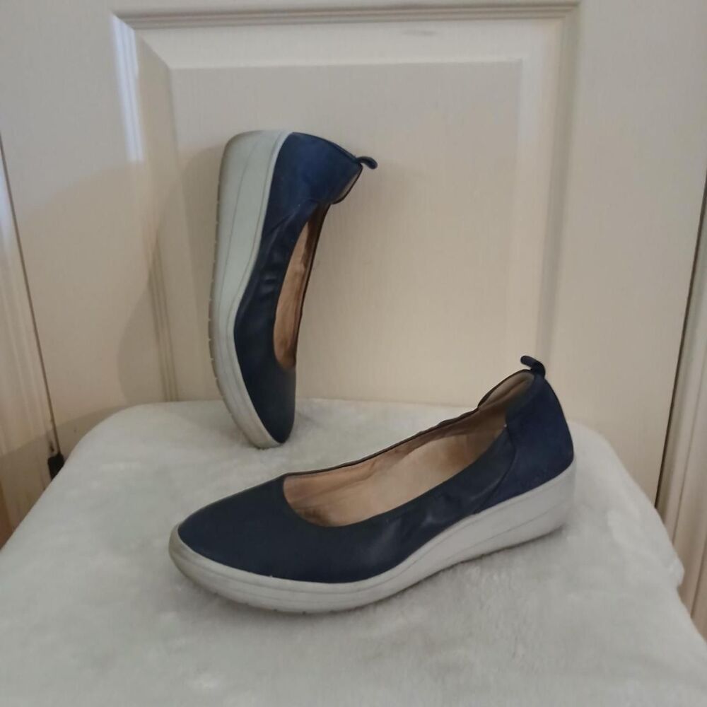 Vionic Jacey Navy Blue Leather Comfort Slip On Wedge Ballet Shoes 9 Basic